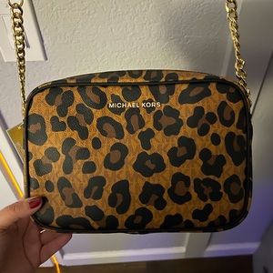 Michael Kors Jet Set Large Leopard Print Canvas Crossbody